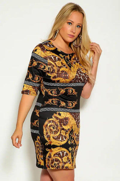 Black Gold Leopard Print Quarter Sleeve Plus Size Dress - AMIClubwear