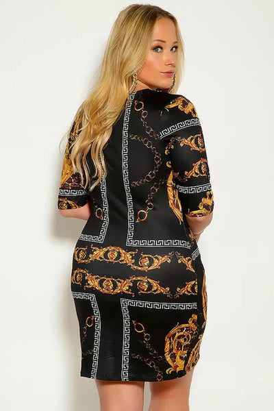 Black Gold Leopard Print Quarter Sleeve Plus Size Dress - AMIClubwear
