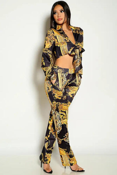 Black Gold Long Sleeve Graphic Print Cropped Flared Two Piece Outfit - AMIClubwear