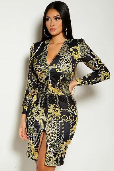Black Gold Long Sleeve Graphic Print Party Dress - AMIClubwear