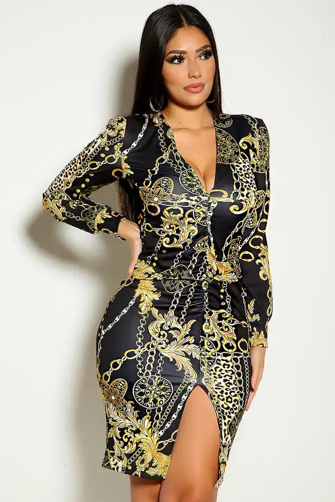 Black Gold Long Sleeve Graphic Print Party Dress - AMIClubwear
