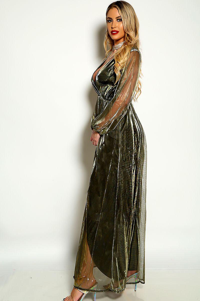 Black Gold Long Sleeve Mesh Maxi Dress - AMIClubwear