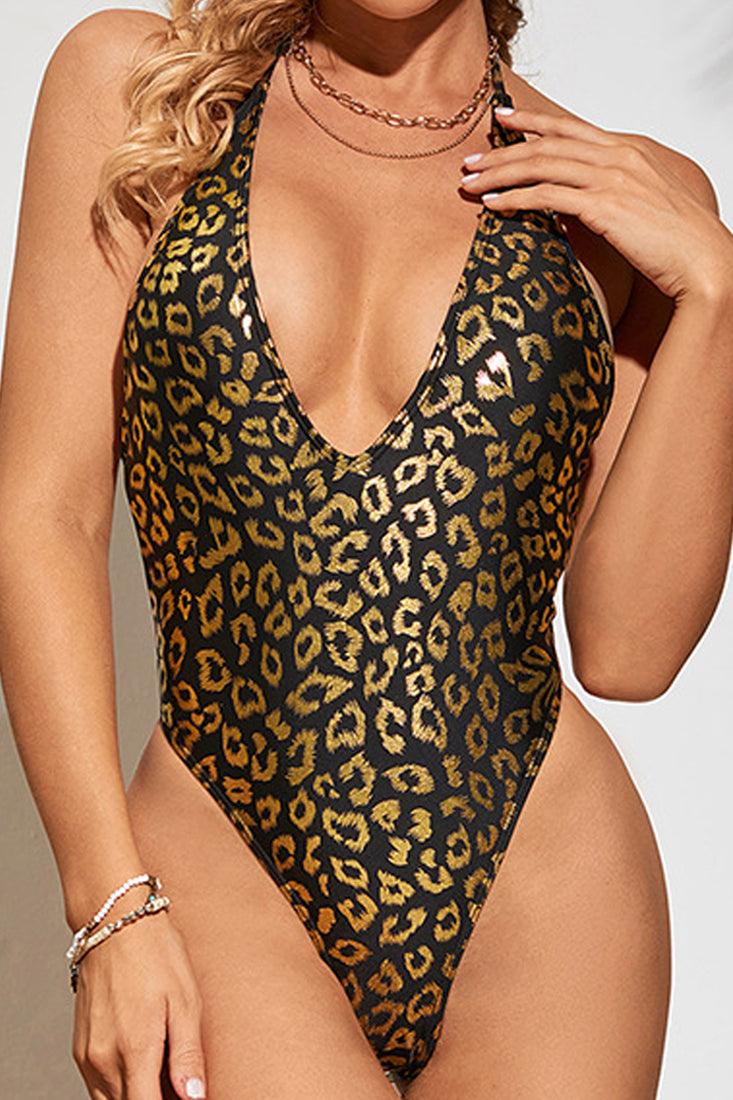 Black Gold Metallic Print Sexy 1pc Swimsuit - AMIClubwear