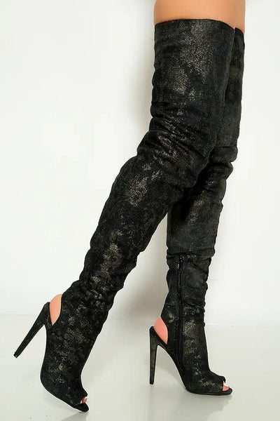 Black Gold Peep Toe Thigh High Heel Boots - AMIClubwear