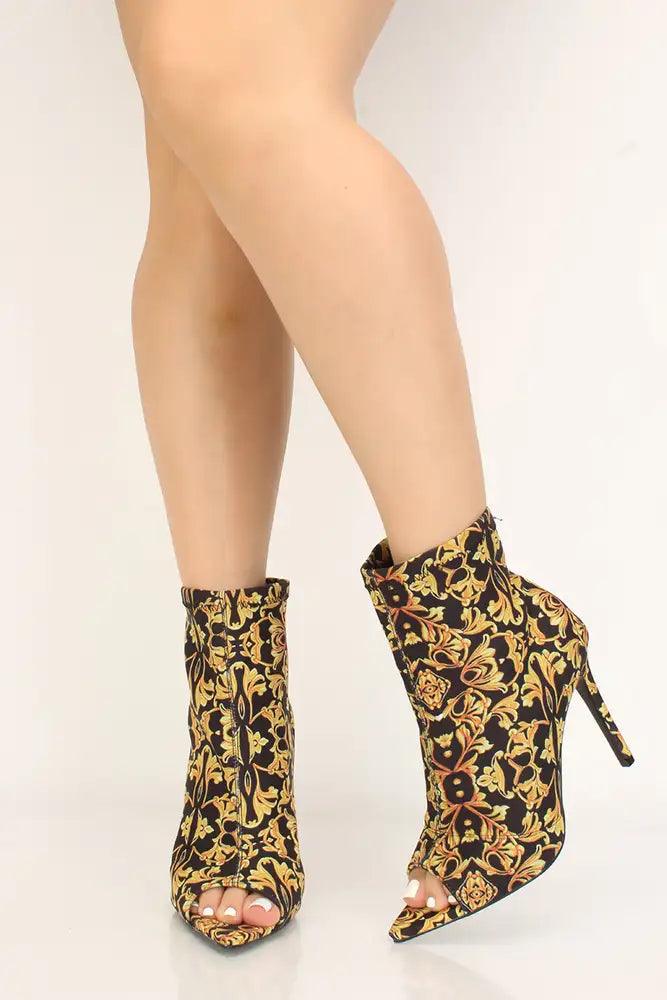 Black Gold Print Peep Toe Booties - AMIClubwear