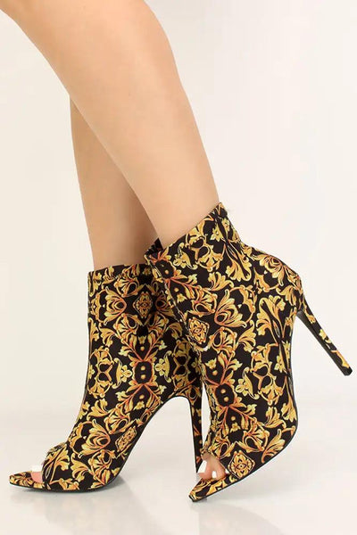 Black Gold Print Peep Toe Booties - AMIClubwear