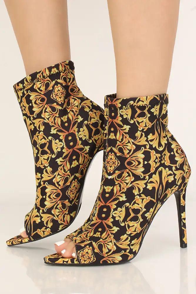 Black Gold Print Peep Toe Booties - AMIClubwear