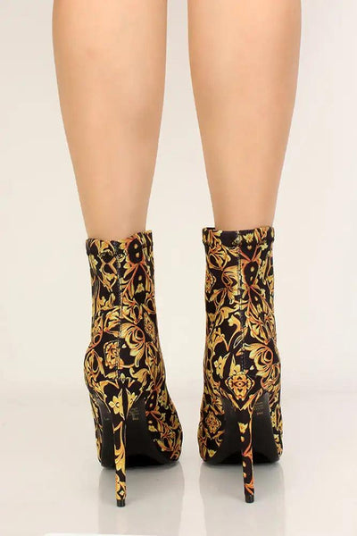 Black Gold Print Peep Toe Booties - AMIClubwear