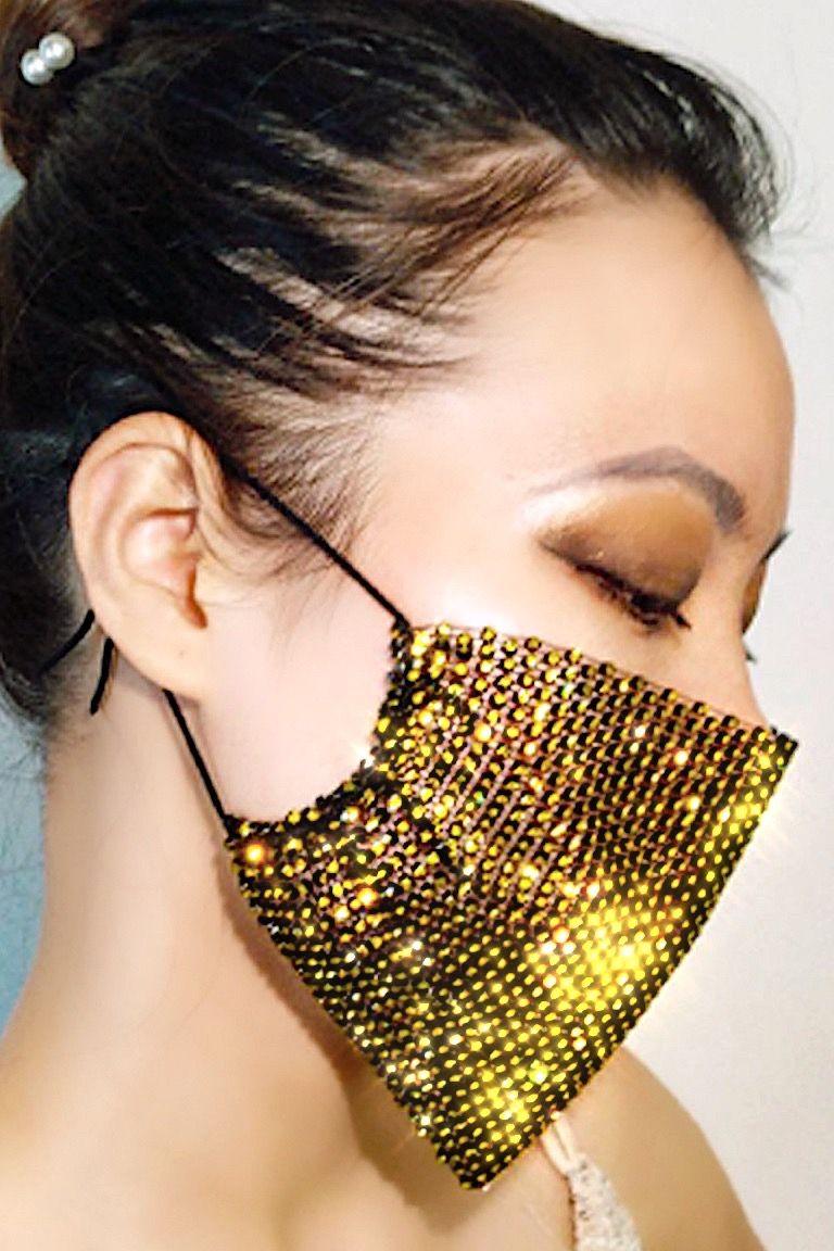 Black Gold Rhinestones Face Mask - AMIClubwear