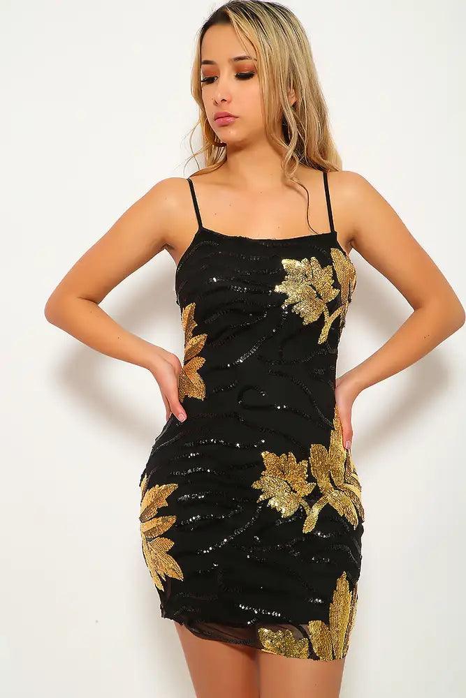 Black Gold Sequin Floral Print Party Dress - AMIClubwear
