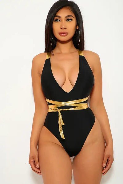 Black Gold Strappy One Piece Swimsuit - AMIClubwear