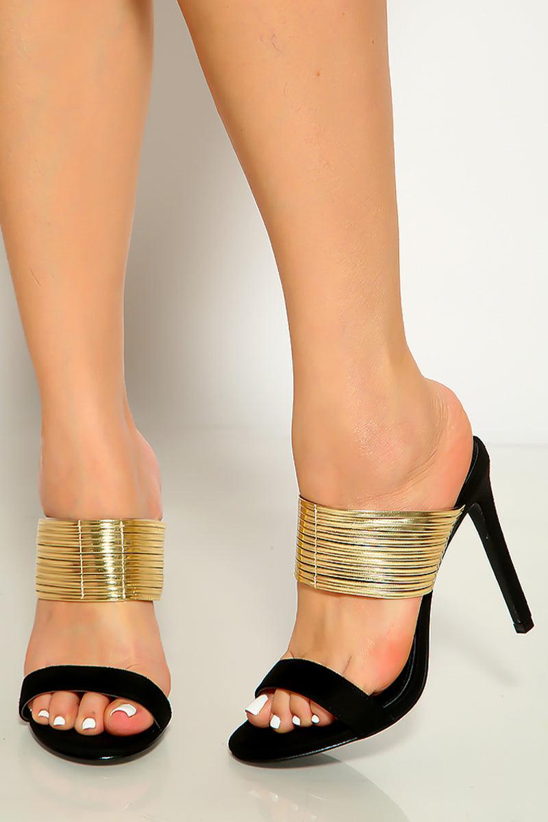 Black Gold Strappy Slip On High Heels - AMIClubwear