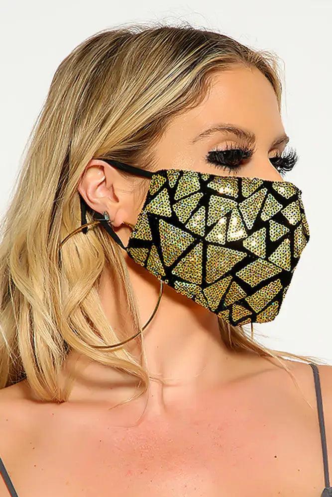 Black Gold Two Tone Sequin Geometric Print Fashion Mask - AMIClubwear