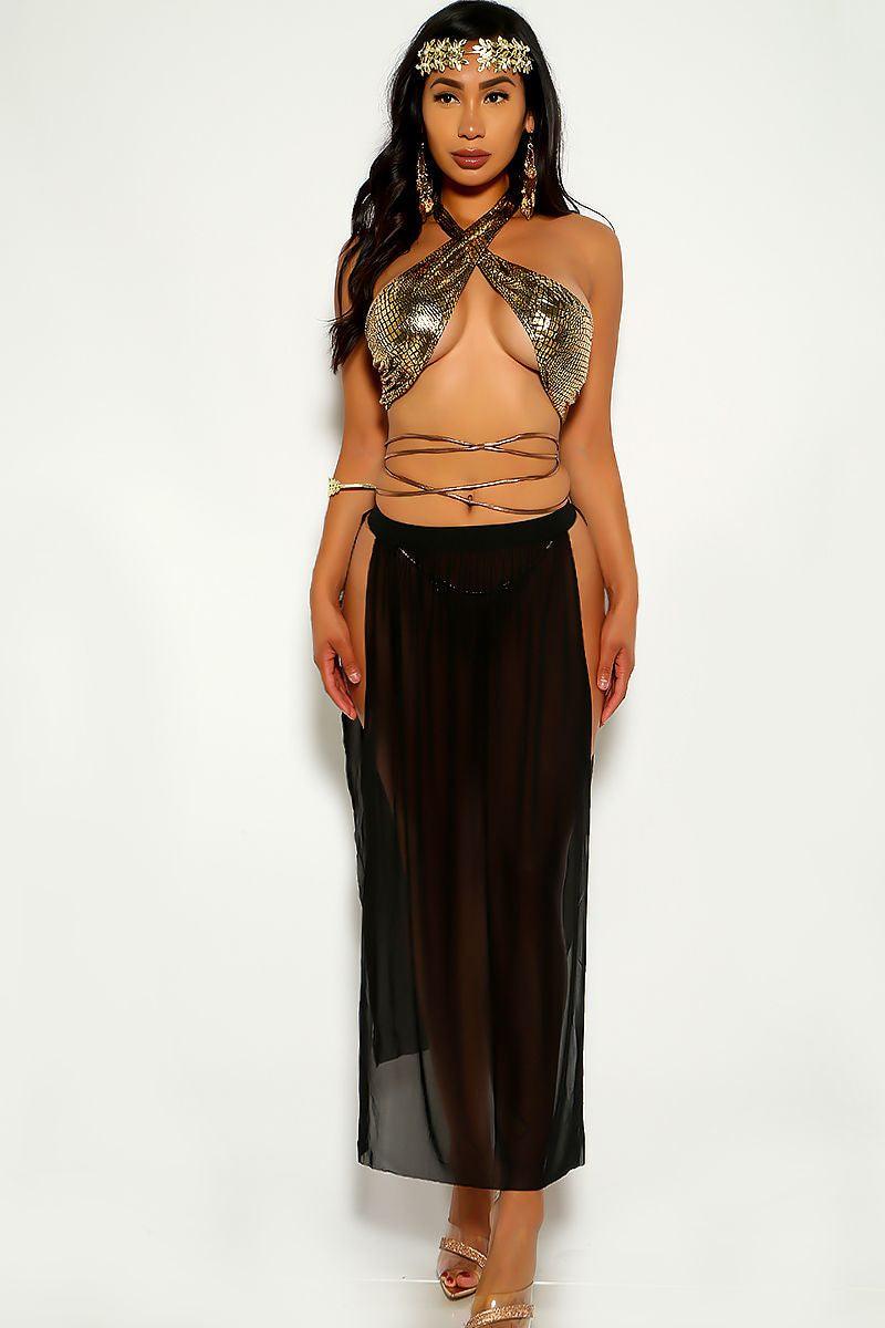 Black Golden Bronze Strappy Snake Cleopatra Goddess 3 Piece Costume - AMIClubwear