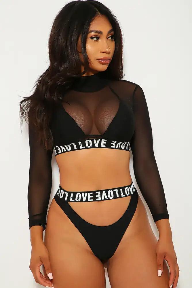 Black Graphic Print Three Piece Swimsuit - AMIClubwear