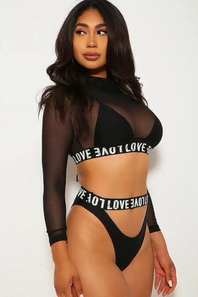 Black Graphic Print Three Piece Swimsuit - AMIClubwear