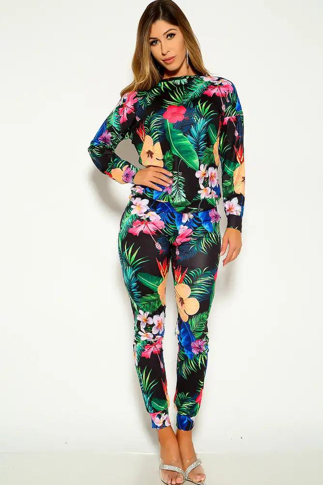 Black Green Floral Print Long Sleeve Pants Track Suit Lounge Wear Outfit - AMIClubwear