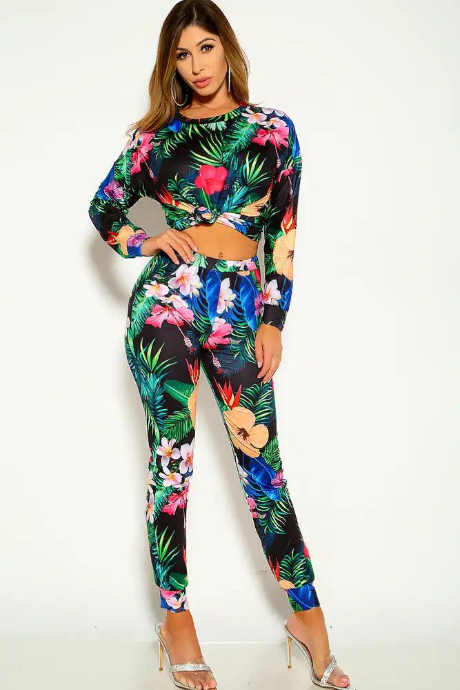 Black Green Floral Print Long Sleeve Pants Track Suit Lounge Wear Outfit - AMIClubwear