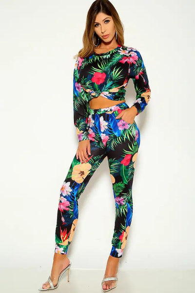 Black Green Floral Print Long Sleeve Pants Track Suit Lounge Wear Outfit - AMIClubwear