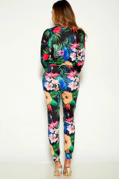 Black Green Floral Print Long Sleeve Pants Track Suit Lounge Wear Outfit - AMIClubwear