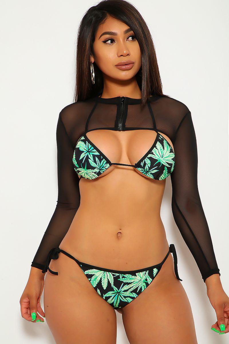 Black Green Leaf Print Mesh Three Piece Swimsuit - AMIClubwear