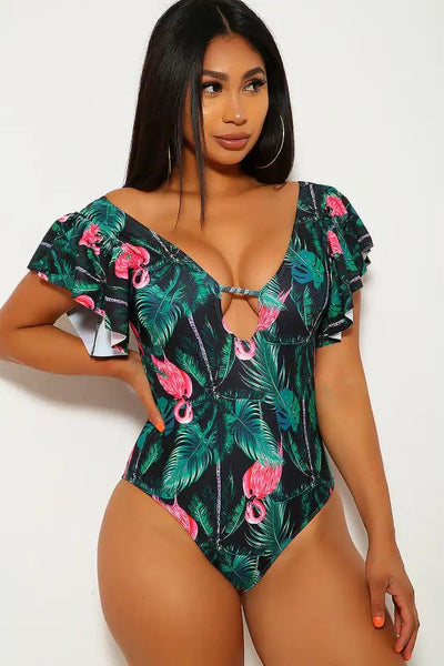 Black Green Leaf Print One Piece Swimsuit - AMIClubwear