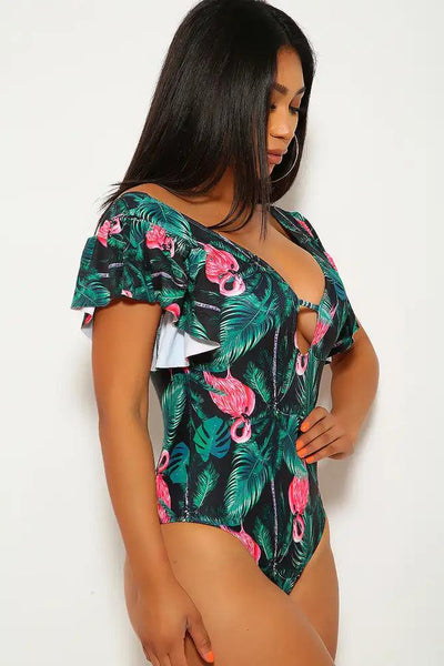 Black Green Leaf Print One Piece Swimsuit - AMIClubwear