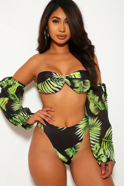 Black Green Leaf Print Two Piece Swimsuit - AMIClubwear