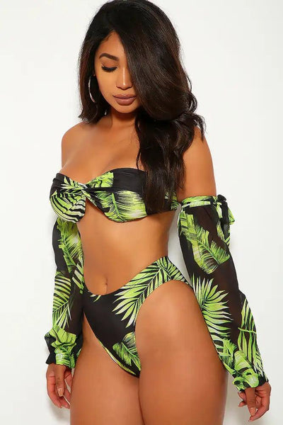 Black Green Leaf Print Two Piece Swimsuit - AMIClubwear