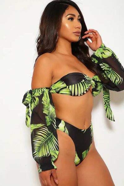 Black Green Leaf Print Two Piece Swimsuit - AMIClubwear