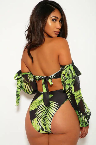 Black Green Leaf Print Two Piece Swimsuit - AMIClubwear