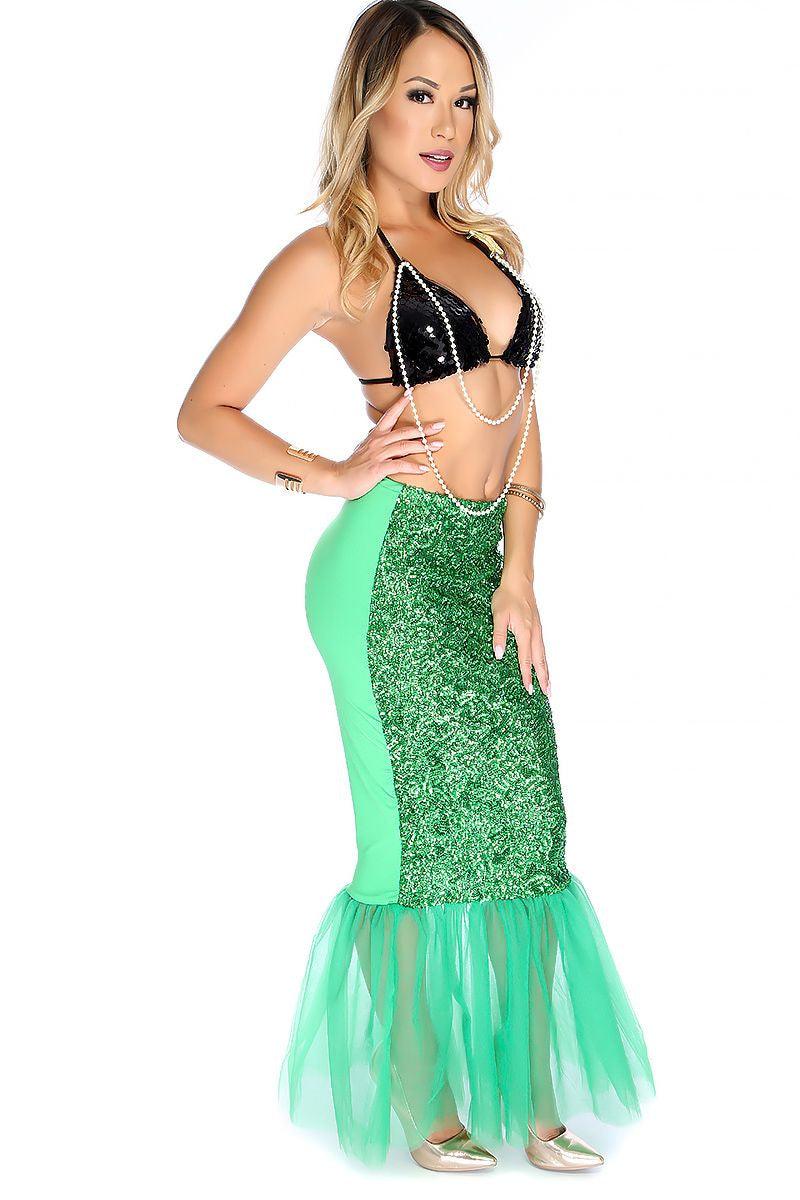 Black Green Sequin Faux Pearl Two Piece Mermaid Sexy Costume - AMIClubwear