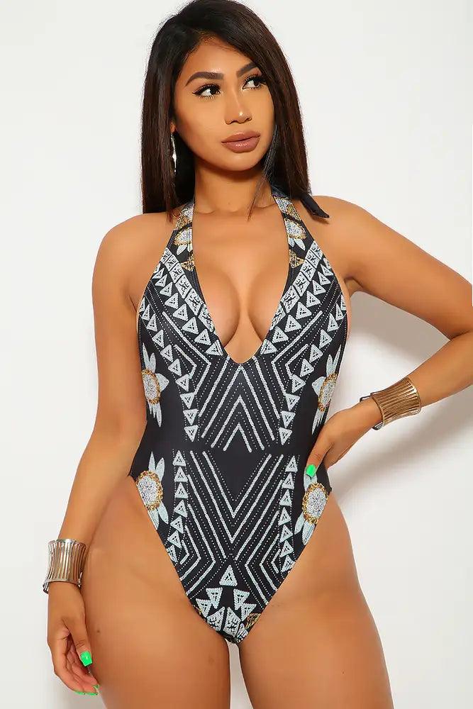 Black Grey Graphic Print One Piece Swimsuit - AMIClubwear