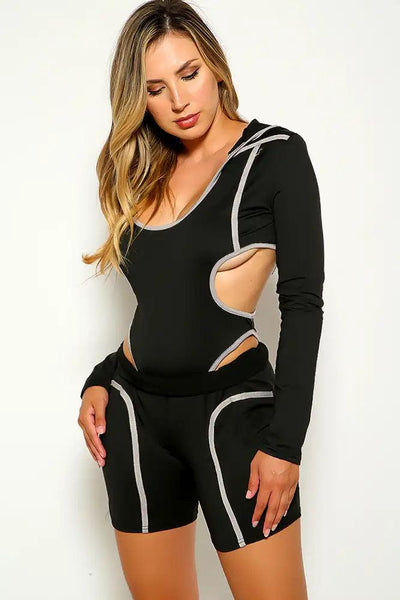 Black Grey Hooded Long Sleeve 2 Piece Outfit - AMIClubwear