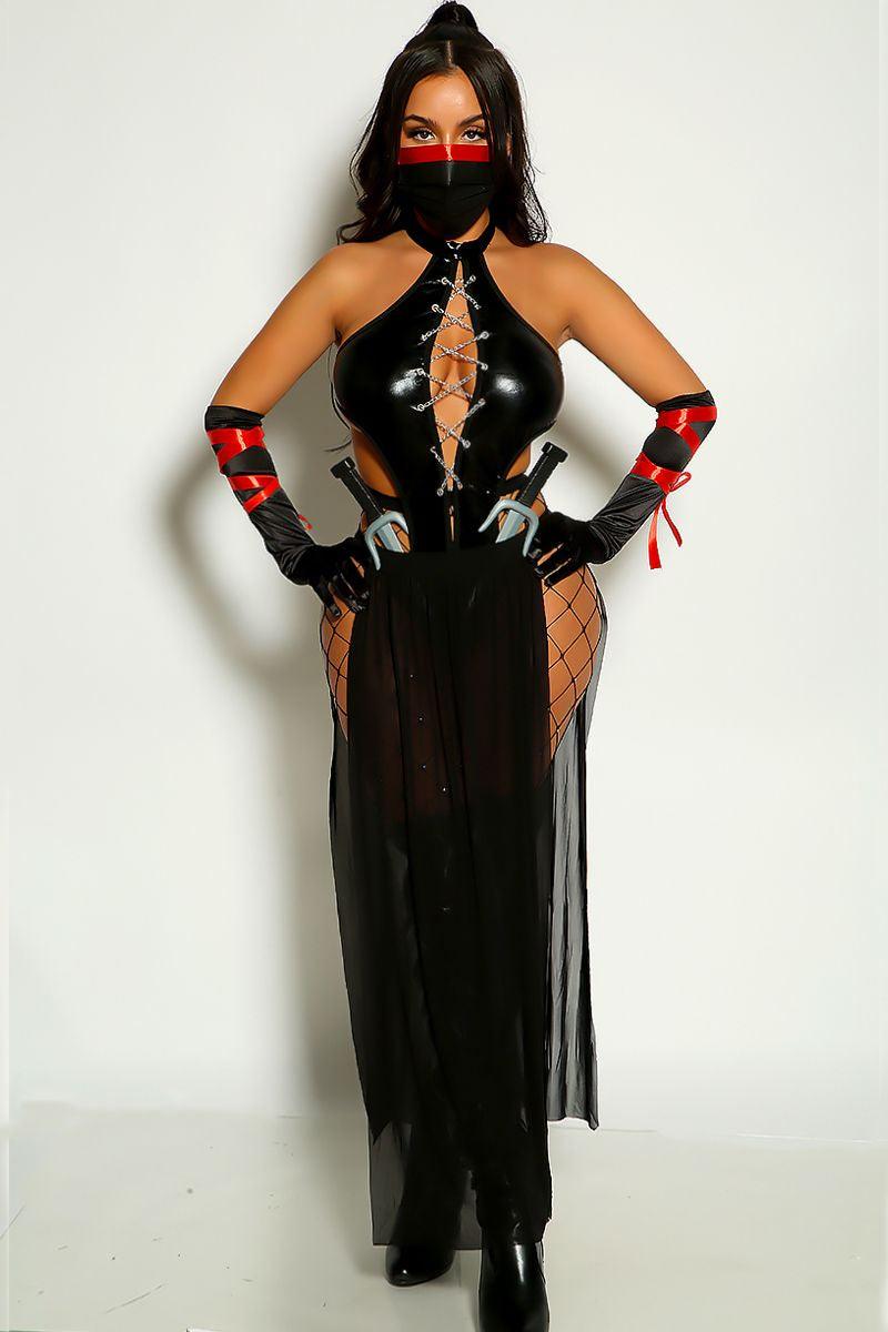 Black Halter Criss Cross Chain Straps Three Piece Ninja Costume - AMIClubwear