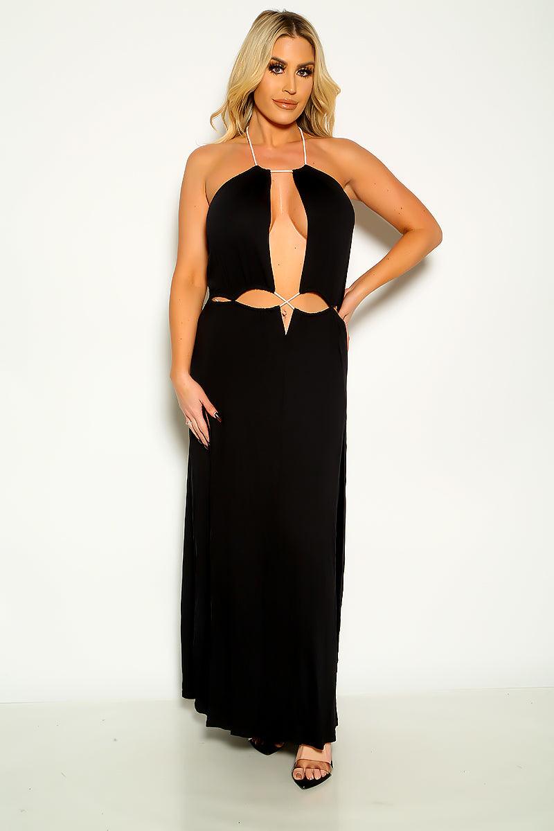 Black Halter Deep V-Cut Double Slit Sexy Plus Size Party Dress - AMIClubwear