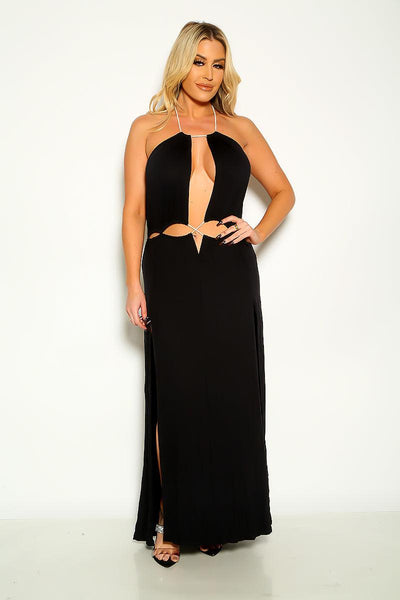 Black Halter Deep V-Cut Double Slit Sexy Plus Size Party Dress - AMIClubwear