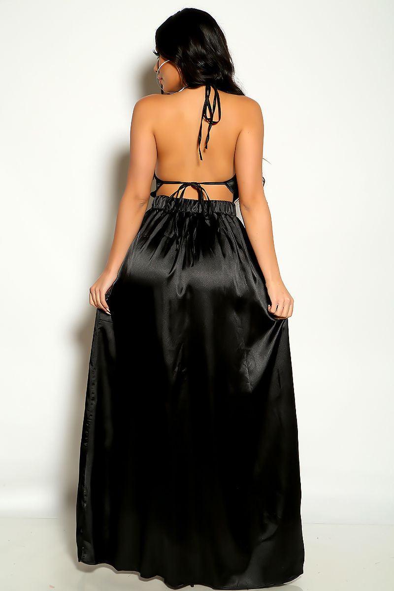 Black Halter Double Slit Satin Sexy Maxi Dress AMIClubwear Black Halter Double Slit Satin Sexy Maxi Dress AMIClubwear
