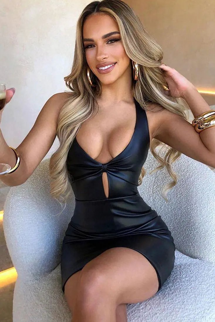 BLack Halter Front Knot Cut Out Faux Leather Dress