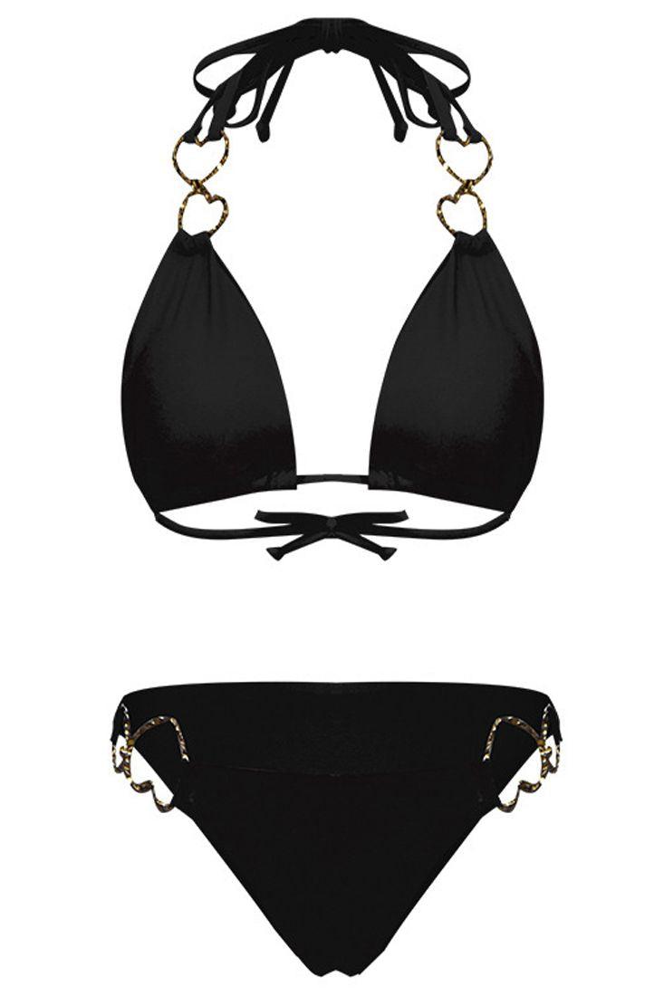 Black Halter Heart Rings Two Piece Sexy Swimsuit - AMIClubwear