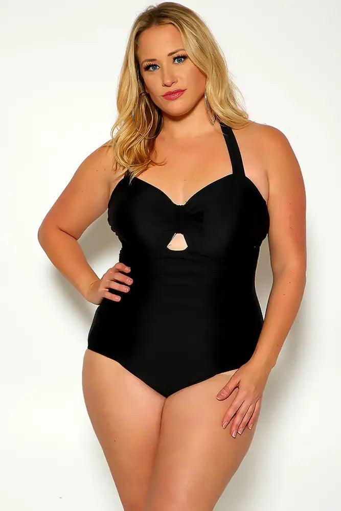 Black Halter Keyhole Detail Padded Plus Size One Piece Swimsuit - AMIClubwear