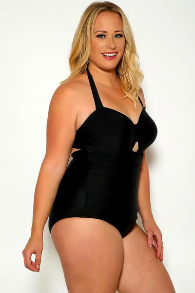 Black Halter Keyhole Detail Padded Plus Size One Piece Swimsuit - AMIClubwear