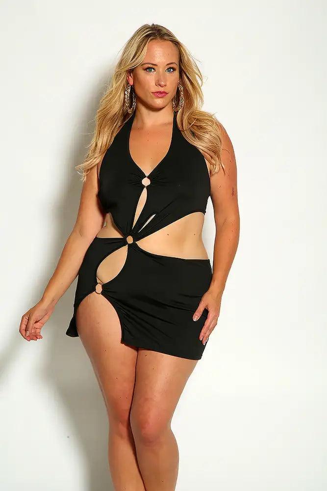 Black Halter O-Ring Cut Out Plus size Party Dress - AMIClubwear