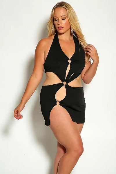 Black Halter O-Ring Cut Out Plus size Party Dress - AMIClubwear