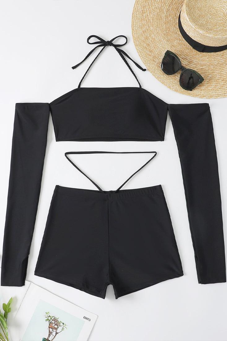 Black Halter Off Shoulder Strappy Shorts 2 Pc Swim Set - AMIClubwear
