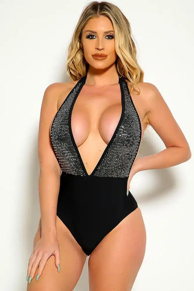 Black Halter Plunging Neckline Sequins One Pice Swimsuit - AMIClubwear