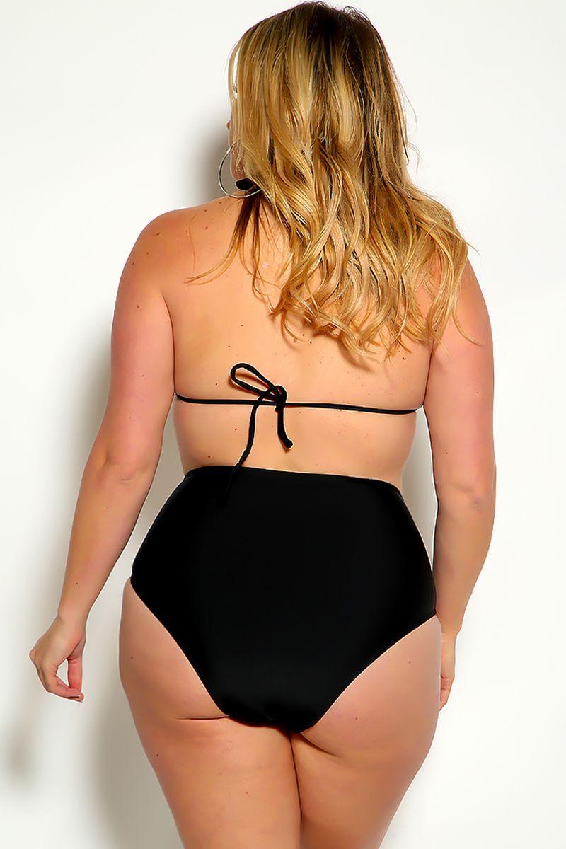 Black Halter Rhinestone Detail High Waist Plus Size Two Piece Swimsuit - AMIClubwear