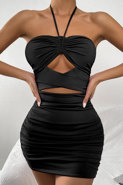 Black Halter Ruched Cut Out Sleeveless Sexy Party Dress - AMIClubwear