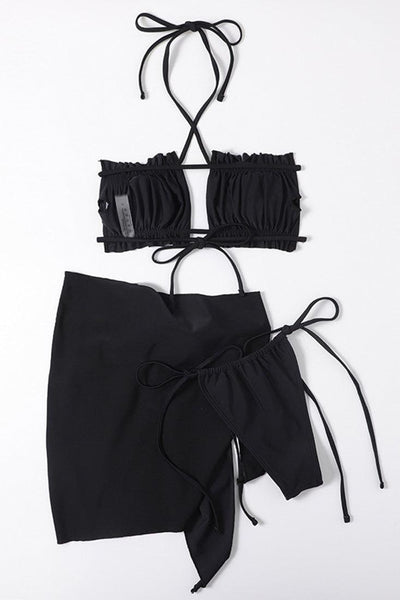 Black Halter Ruffled Three Piece Sexy Swimsuit - AMIClubwear