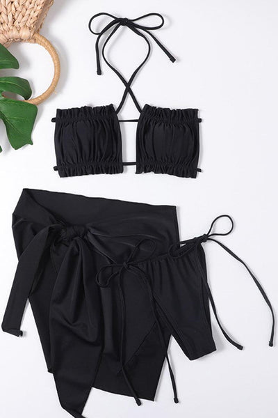 Black Halter Ruffled Three Piece Sexy Swimsuit - AMIClubwear
